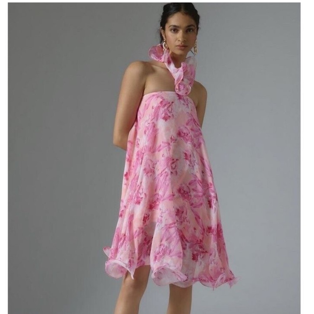 Anthropologie mini pink dress tie neck size small